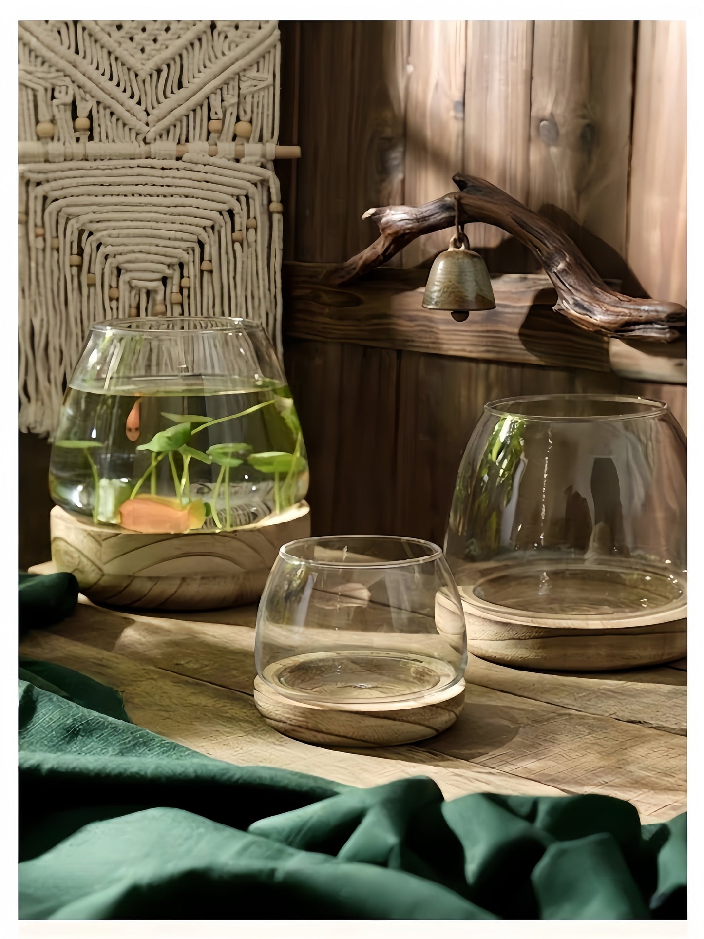 Japanese Style Glass Vase with Wooden Base