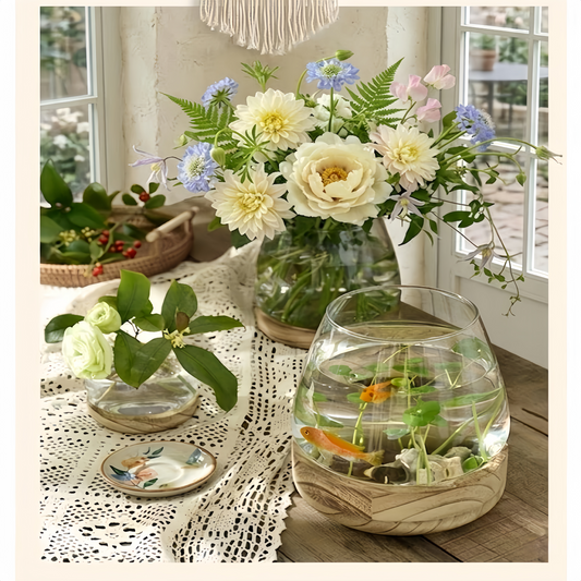 Japanese Style Glass Vase with Wooden Base